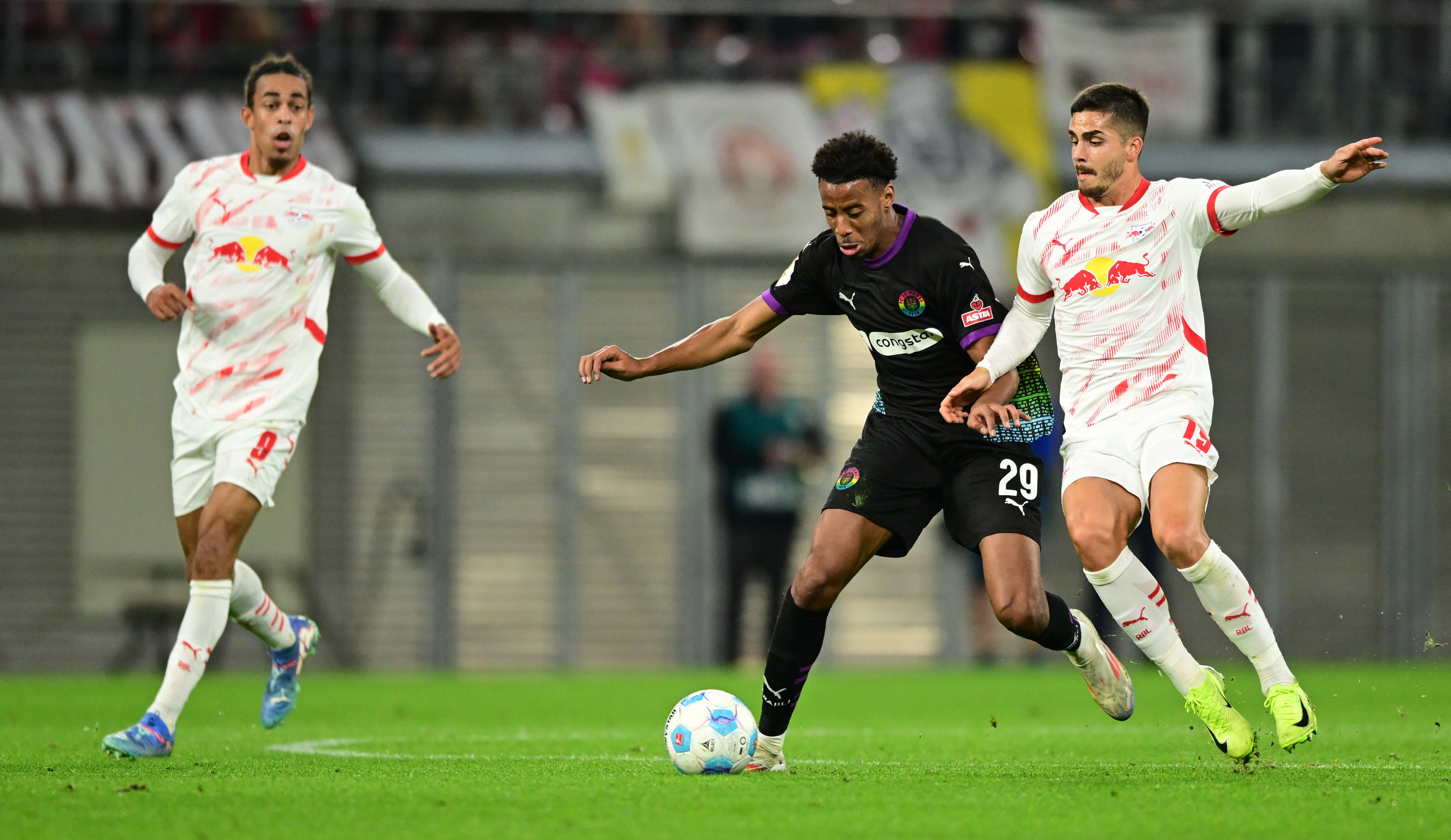 Morgan Guilavogui, here under challenge from Leipzig's Andre Silva, notched his first competitive goal for the club in the first half.