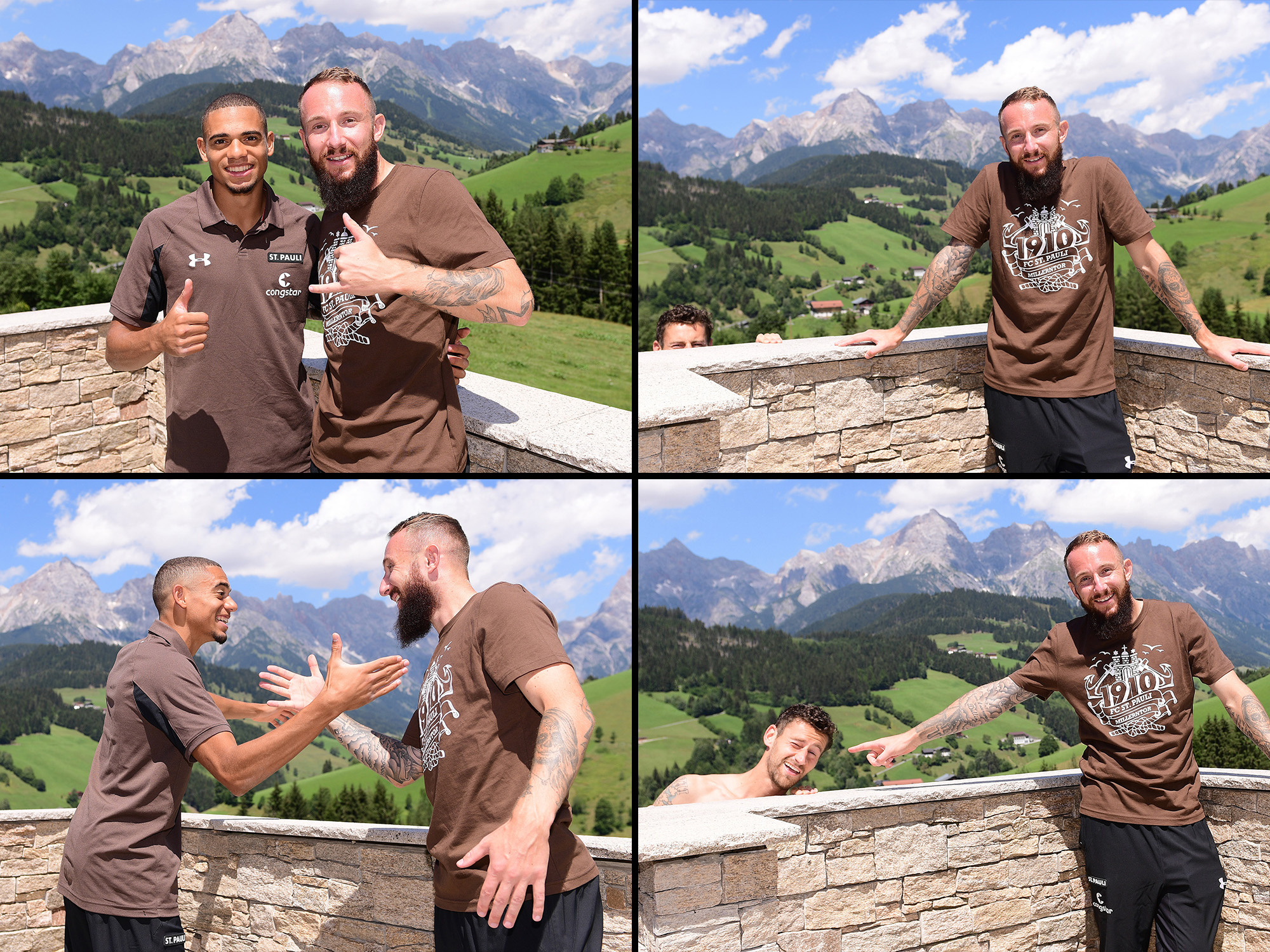 Marvin Knoll nahm sich in der Mittagspause kurz Zeit für ein Shooting im FCSP-Shirt. Mit dabei waren auch Luis Coordes und Jan-Philipp Kalla, der sich von Knoll zunächst ins Shooting mogeln konnte, aber nicht unentdeckt blieb.